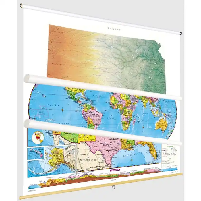 Social Studies KANSAS/U.S./WORLD MAP COMBO, Markable, Erasable, Grades 4-12 Fresh Stock
